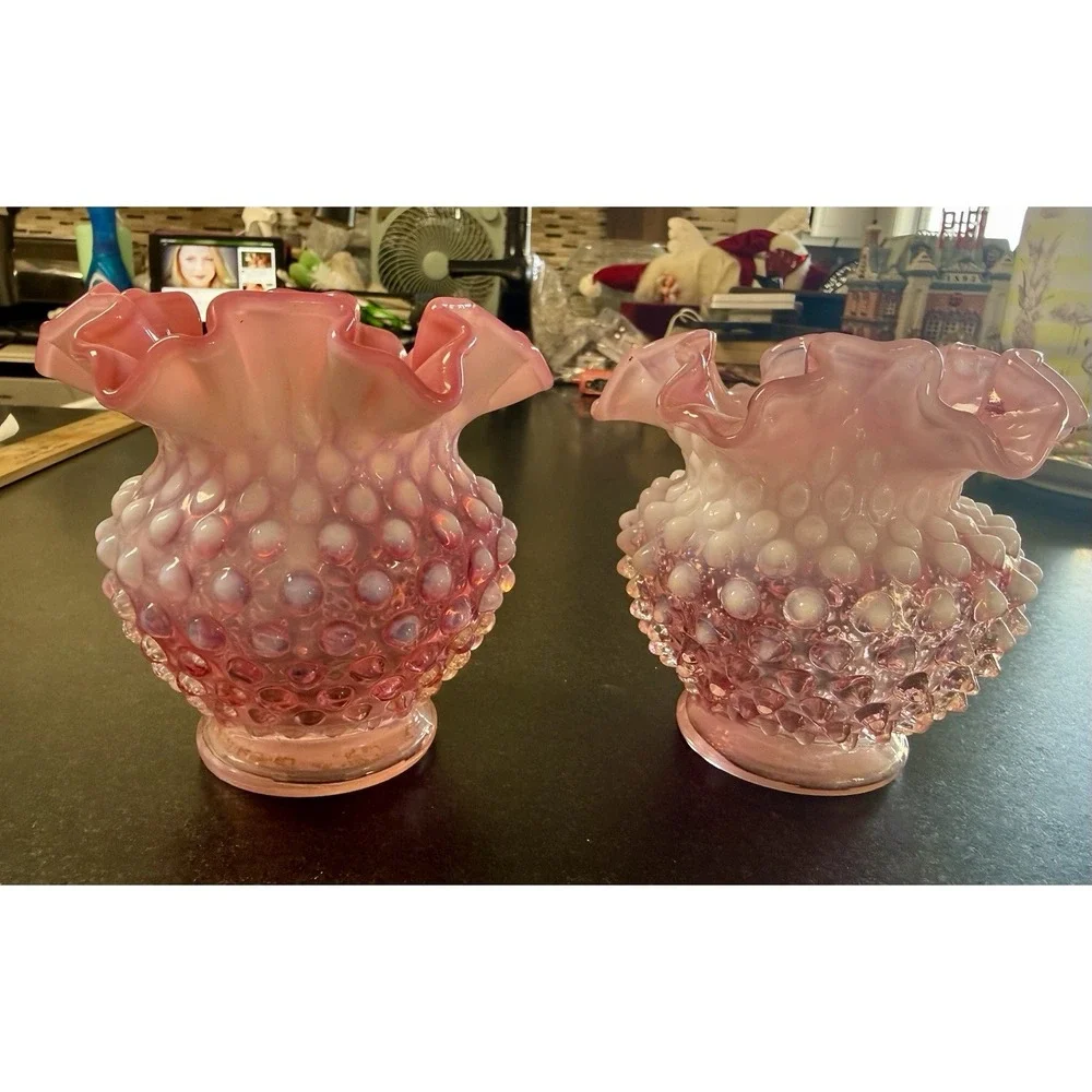 Pair Fenton Cranberry Opalescent Hobnail Rose Bowl Vases – Ruffled Edge – Vtg